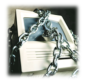 a computer monitor wrapped in chains.